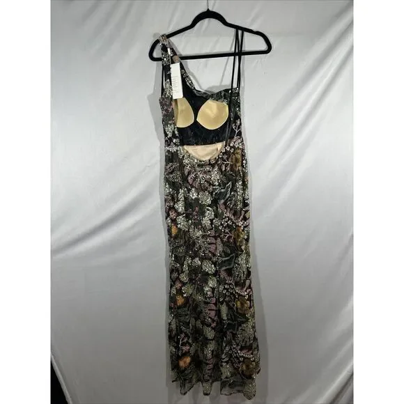 NWT $698 Mac Duggal [ 4 ] 49574 Embellished Floral One Shoulder‎ Gown Black